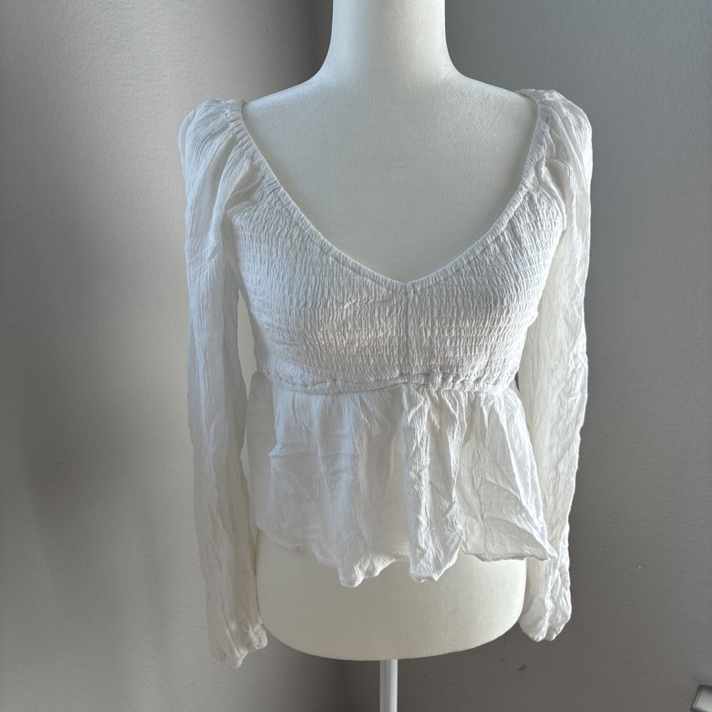 Hollister Sheer Smocked Peasant Crop Top Ruffle Boho Cottagecore Milkmaid XL